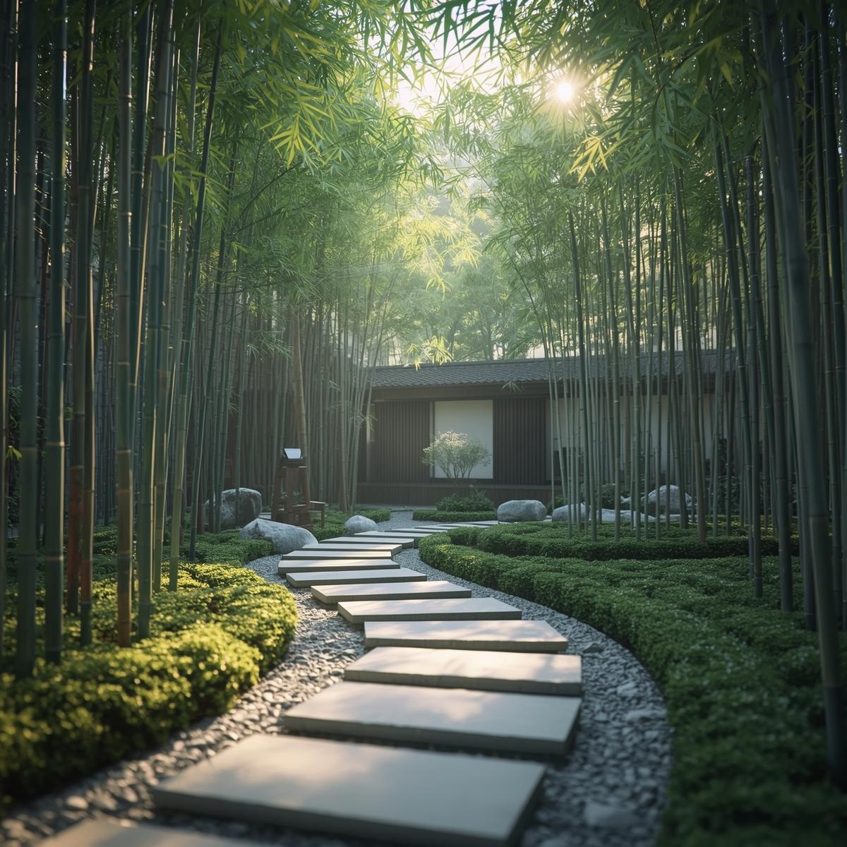 14. Wellness Garden__“Zen garden with stone path, bamboo, soft morning sunlight, minimalistic landscape design, peaceful vibe.”
