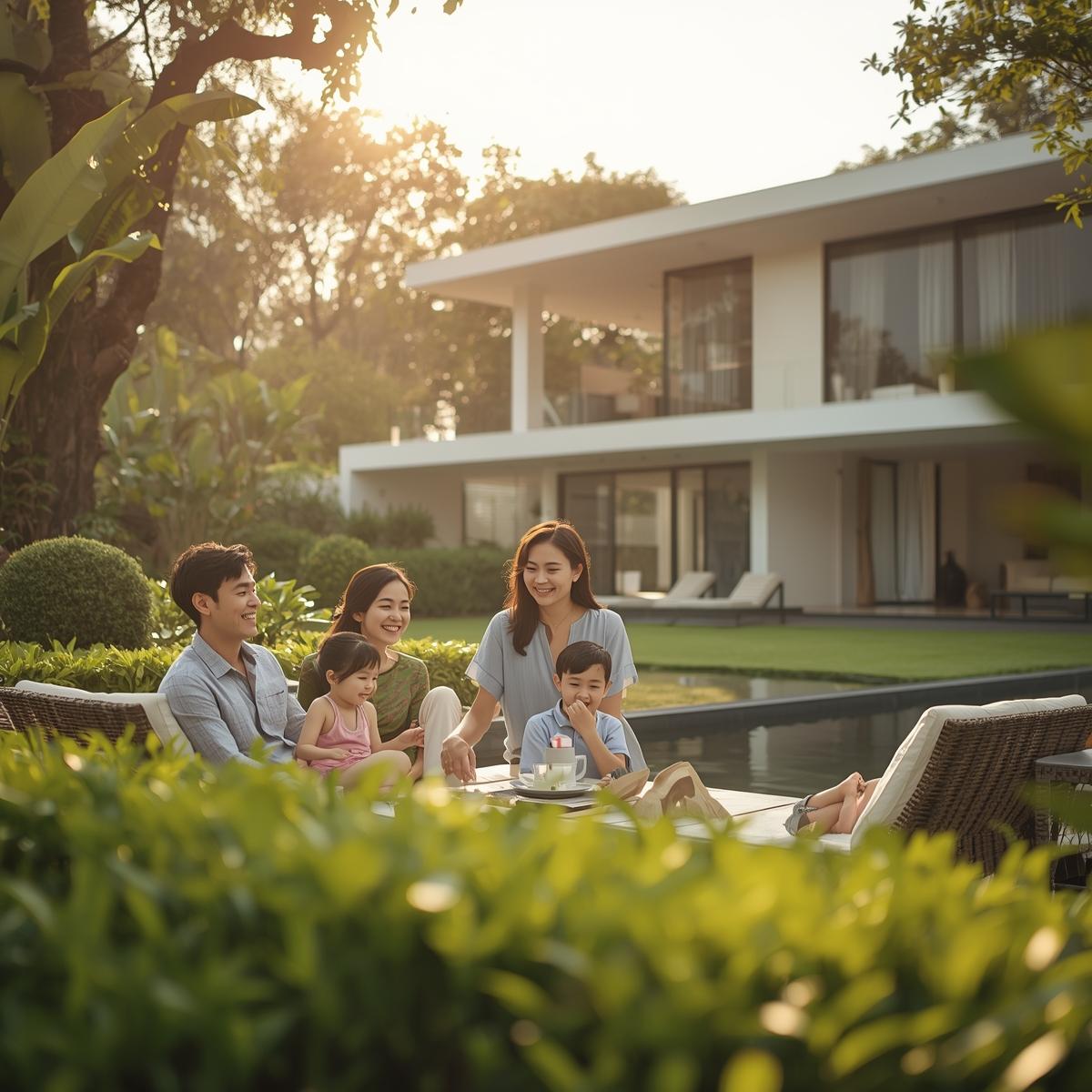 4. Family in Private Garden__“Happy family spending time in a luxury villa garden, lush greenery, warm sunlight, modern villa in background, candid lifestyle photography.”